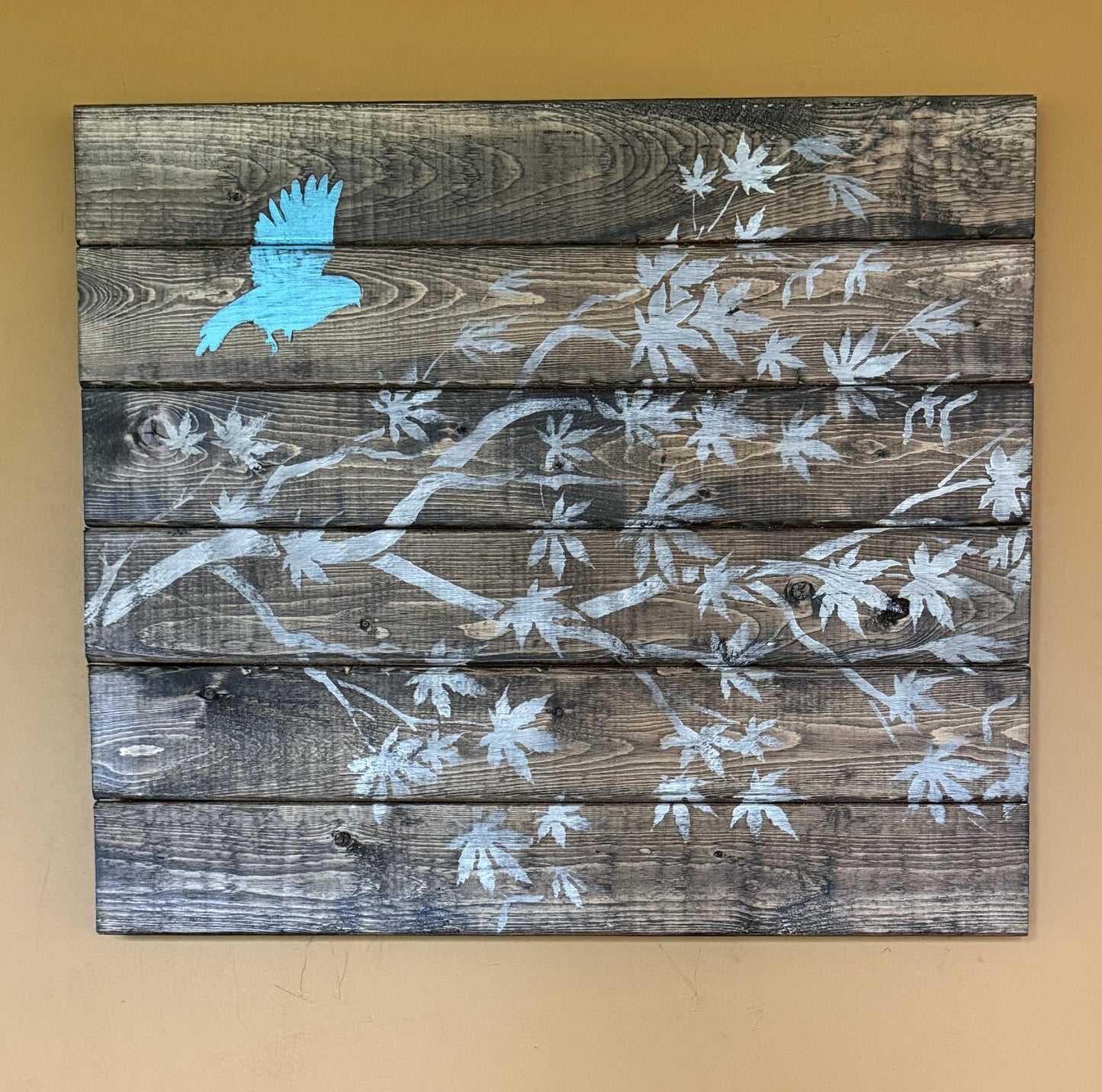 Large Rustic Wood Wall Art with Hand-Painted Branch and Blue Bird