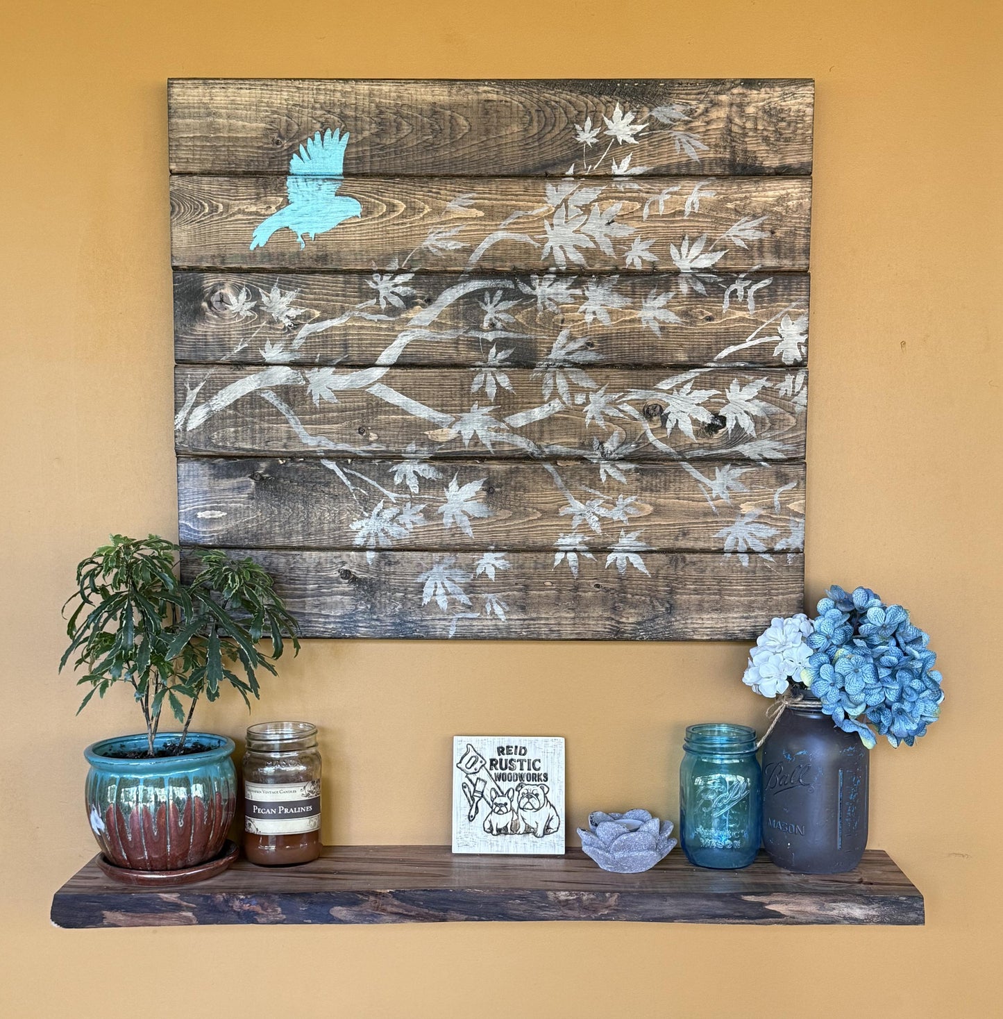 Large Rustic Wood Wall Art with Hand-Painted Branch and Blue Bird