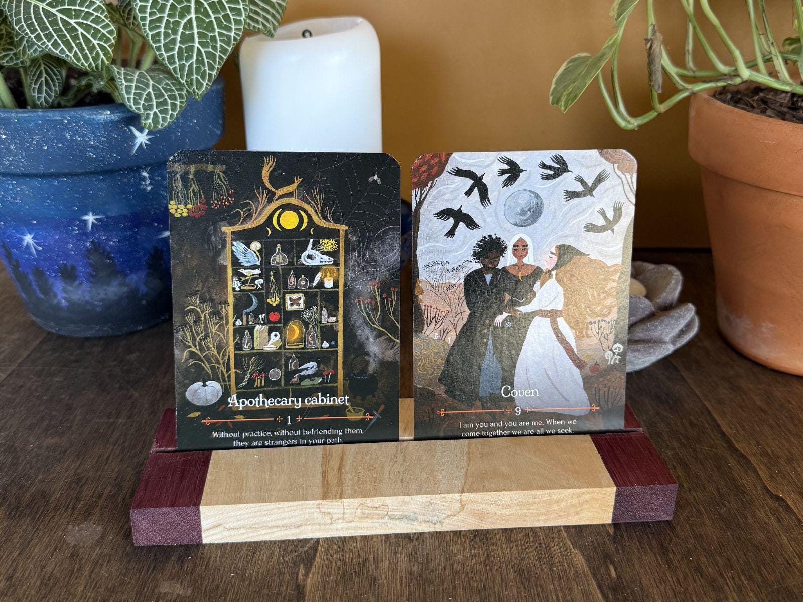 Two oracle cards on a wooden stand with plants and a candle in the background