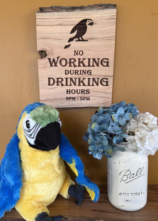 Wooden sign with parrot illustration and text that says No Working During Drinking Hours 5pm to 5pm, plush parrot toy, and floral arrangement on a wooden surface.