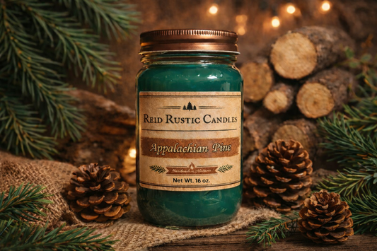 Green candle in a mason jar with 'Reid Rustic Candles' label, surrounded by pinecones and evergreen branches.