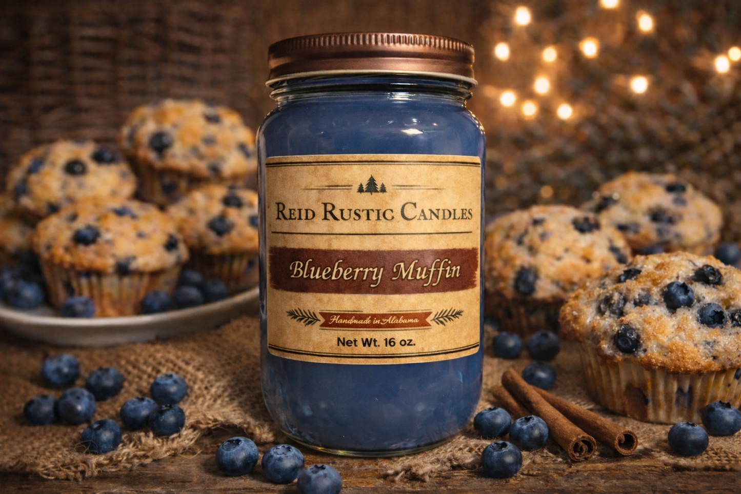 Picture of Reid Rustic Candle Blueberry Muffin on a table with Blueberry muffins and blueberries.