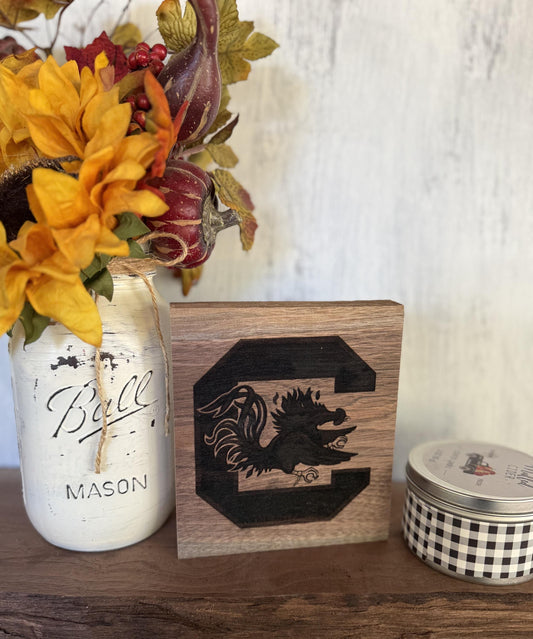 Decorative setup with a mason jar, wooden block with University of South Carolina logo, and checkered container on a wooden surface.